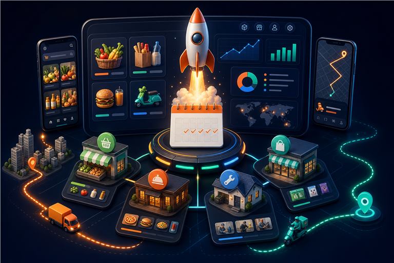 Nipige online marketplace launch visual showing app screens, vendor storefronts, delivery routes, and analytics